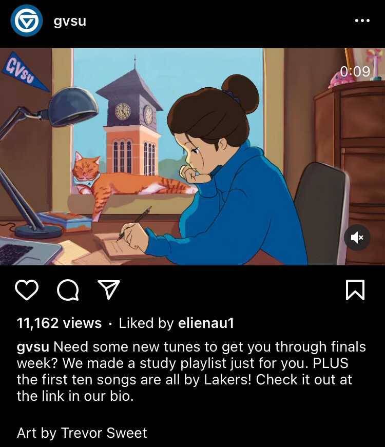 An Instagram post from GVSU of a cartoon version of a student sitting at a desk studying on campus